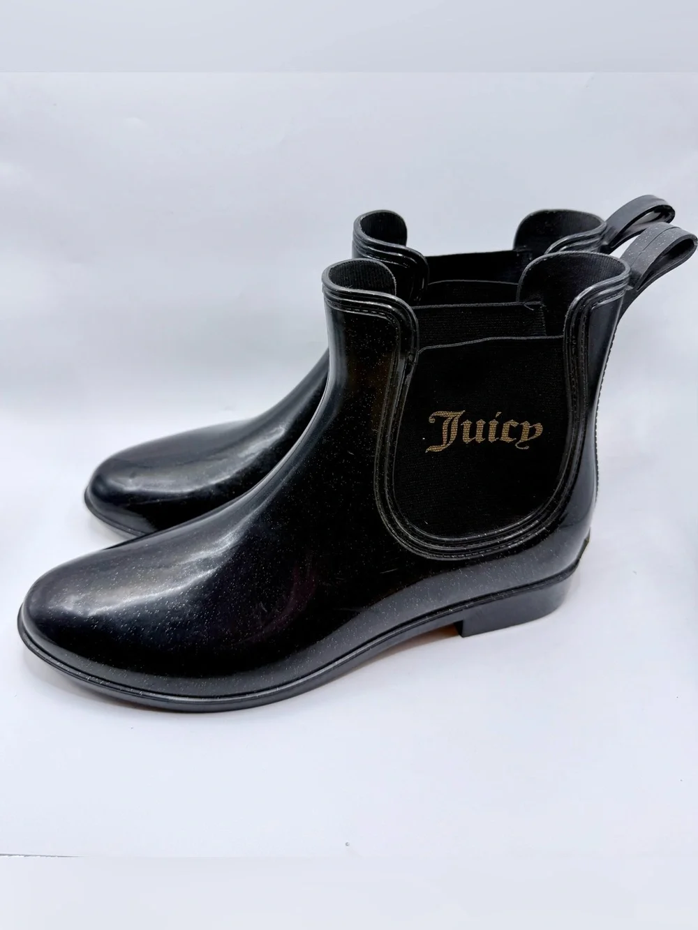 Juicy Couture Rori Rain Boots Ankle Black Gold Sparkle Size 10 Waterproof EUC